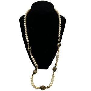 Vintage Flapper Japanese White Faux Pearl Bead Black Rose Flower Enamel Necklace